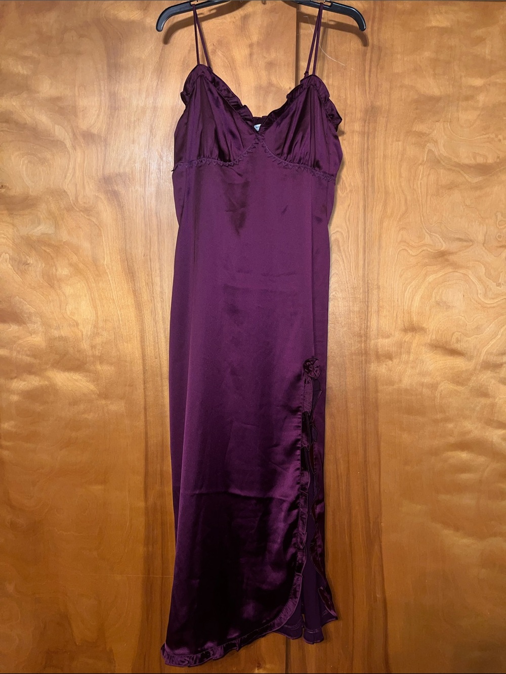 Max Studio Plum Satin Slip Dress with Ruffle Trim Side Slit